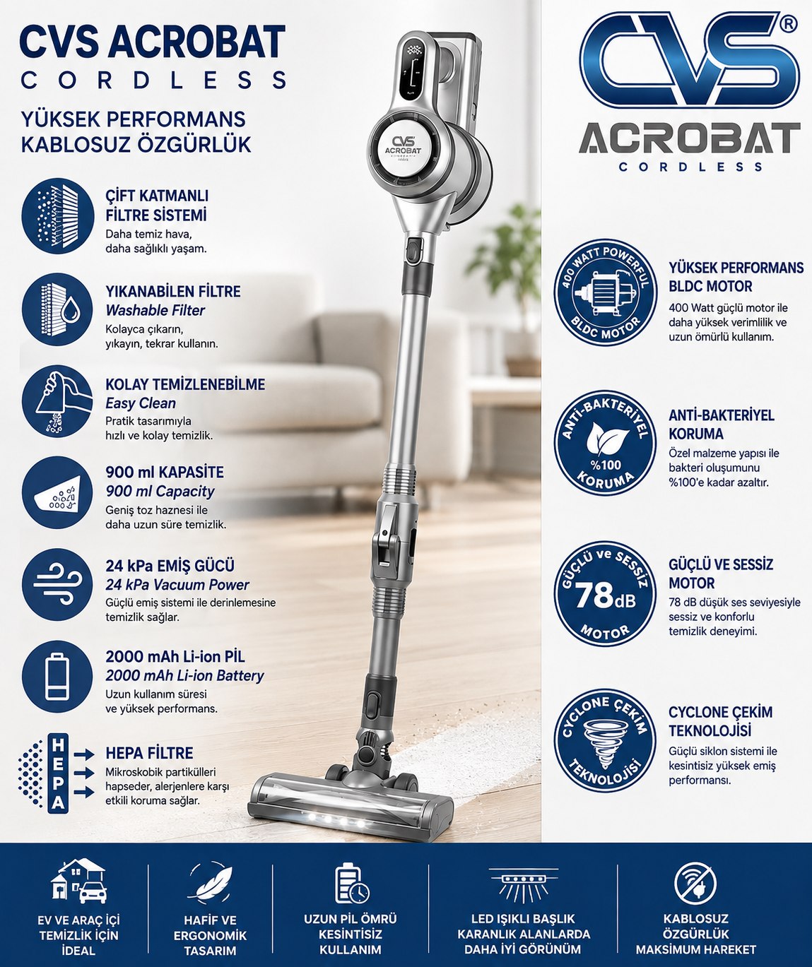 CVS DN 4731 ACROBAT CORDLESS DİRSEK KATLANIR DİJİTAL SÜPÜRGE