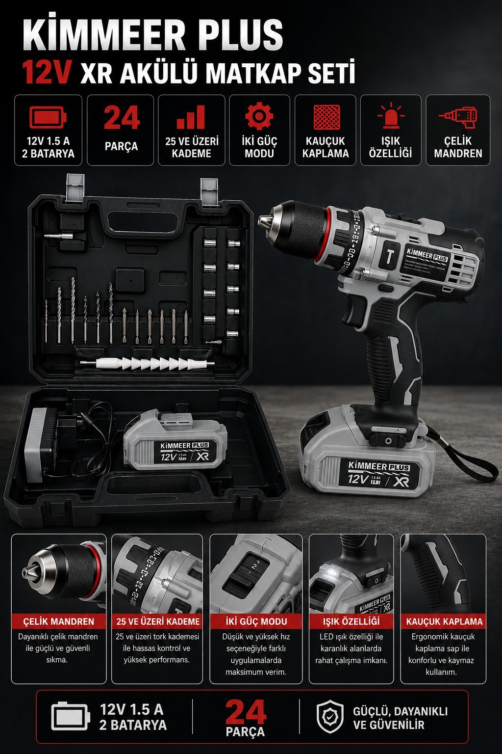 KİMMEER PLUS KM0101G GRİ 10MM ŞARJLI MATKAP