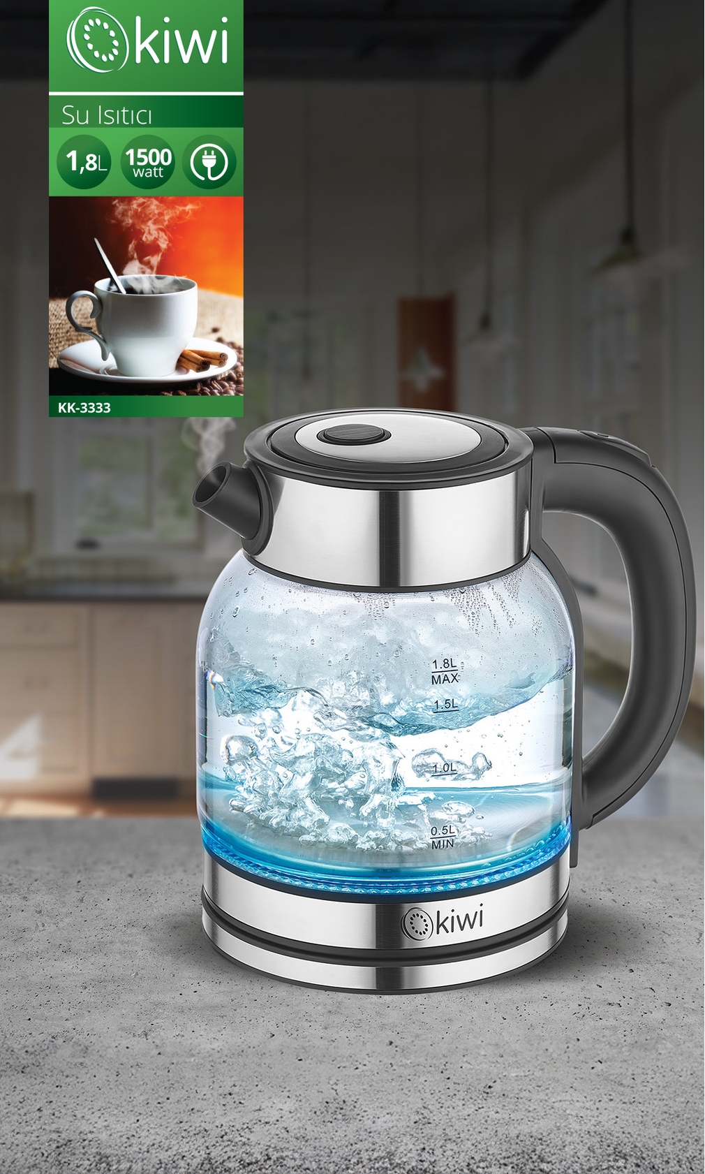 KİWİ KK-3333 CAM KETTLE