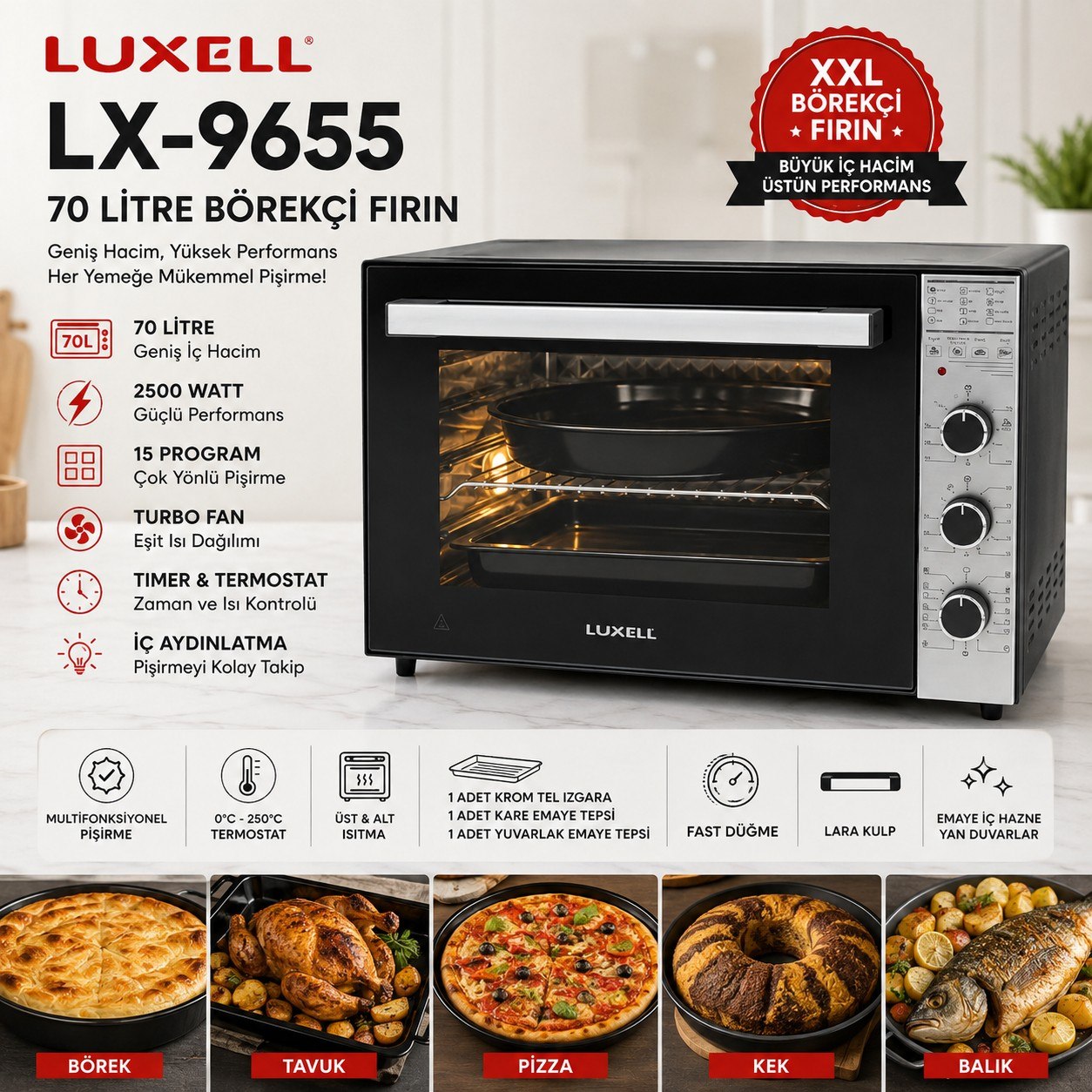 LUXELL LX-9655-AOC 70 LİTRE FIRIN SİYAH