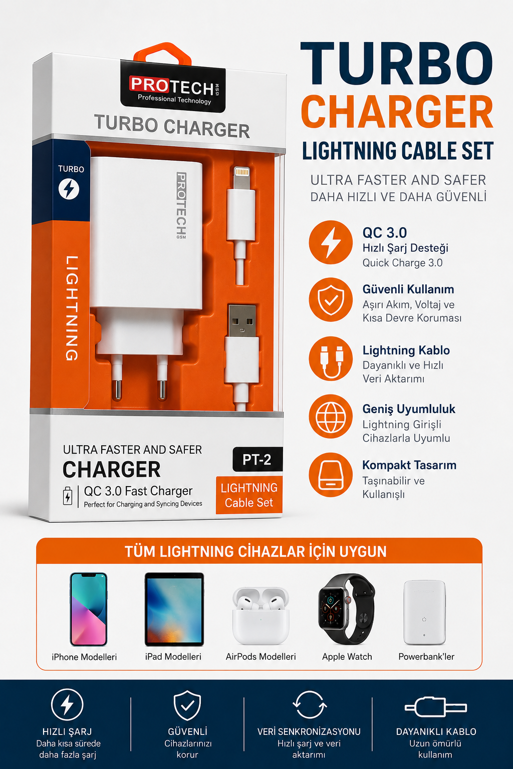 PROTECH USB-LIHTNING ADAPTÖRLÜ ŞARJ PA-2