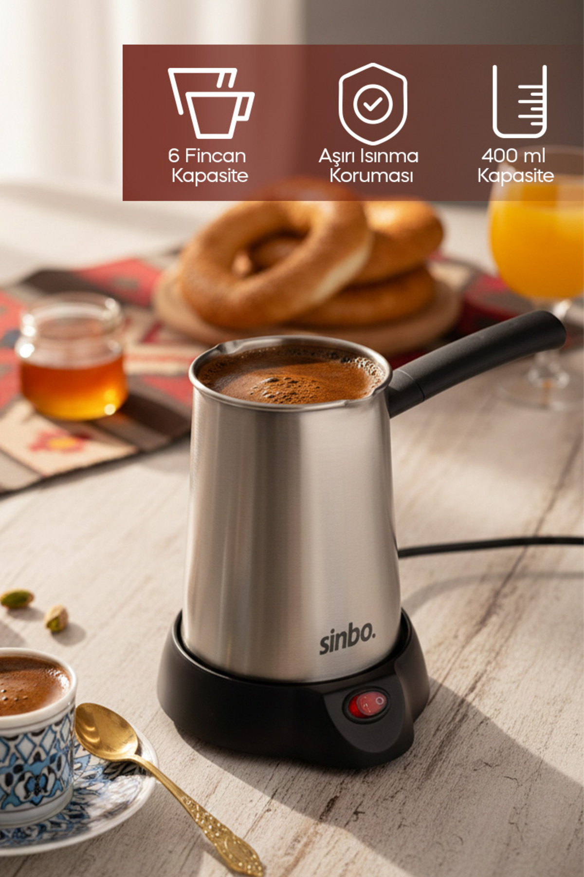 SİNBO SCM-2958 ELEKTRİKLİ CEZVE TÜRK KAHVE MAKİNESİ& 6FİNCAN=400ML ÇİFT YÖNLÜ DÖKME AĞIZ 360° DÖNEBİLENTABAN