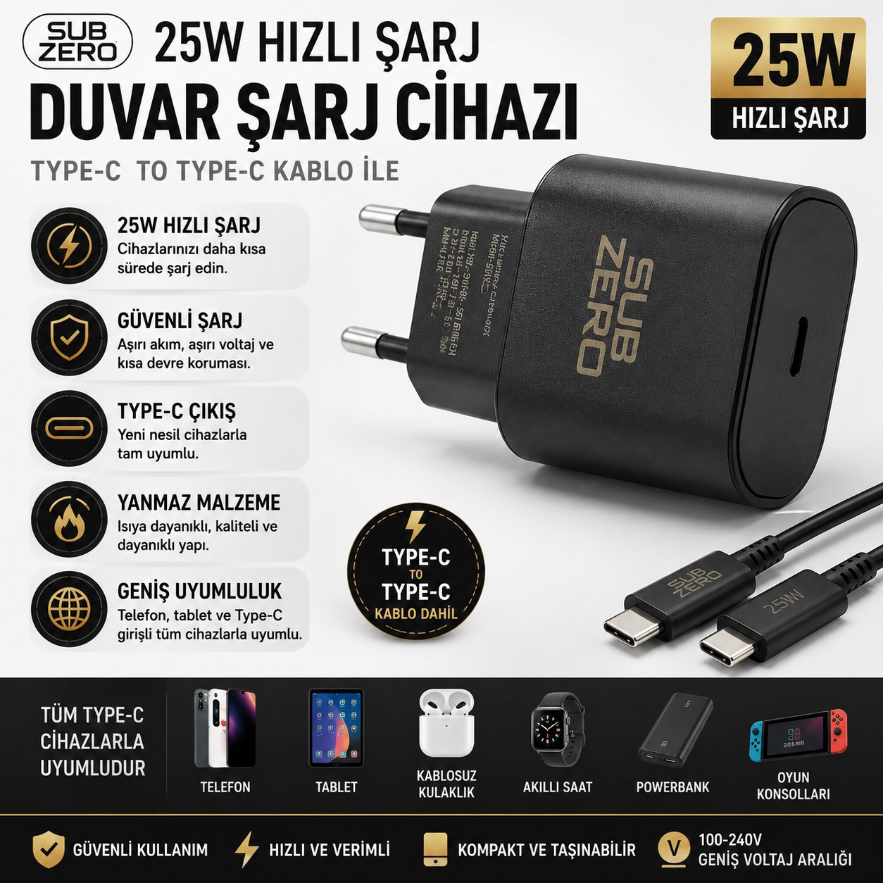 SUBZERO CHARGER TYPE-C TO TYPE-C CABLE 25W SG47