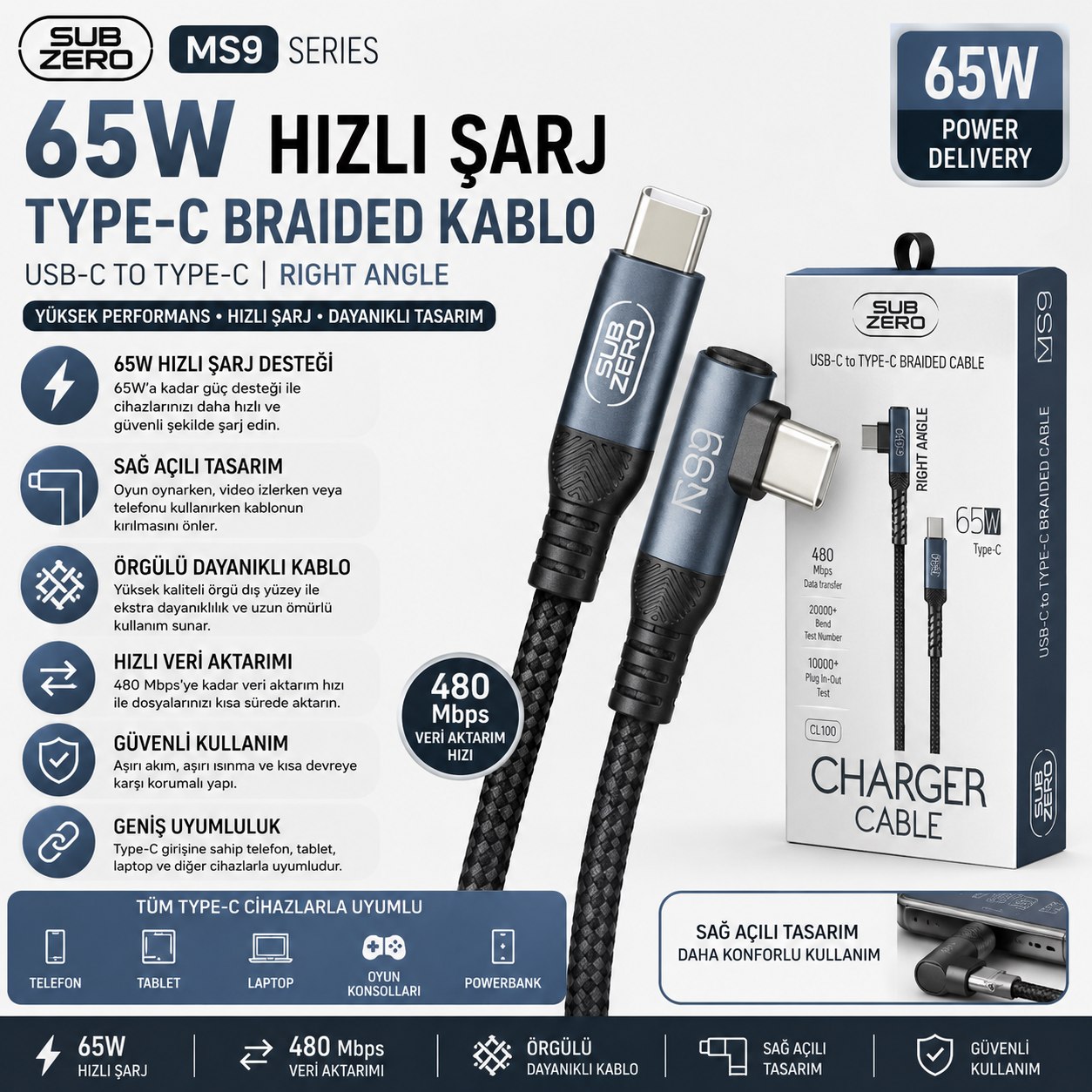 SUBZERO CL100 65W TYPE-C KABLO