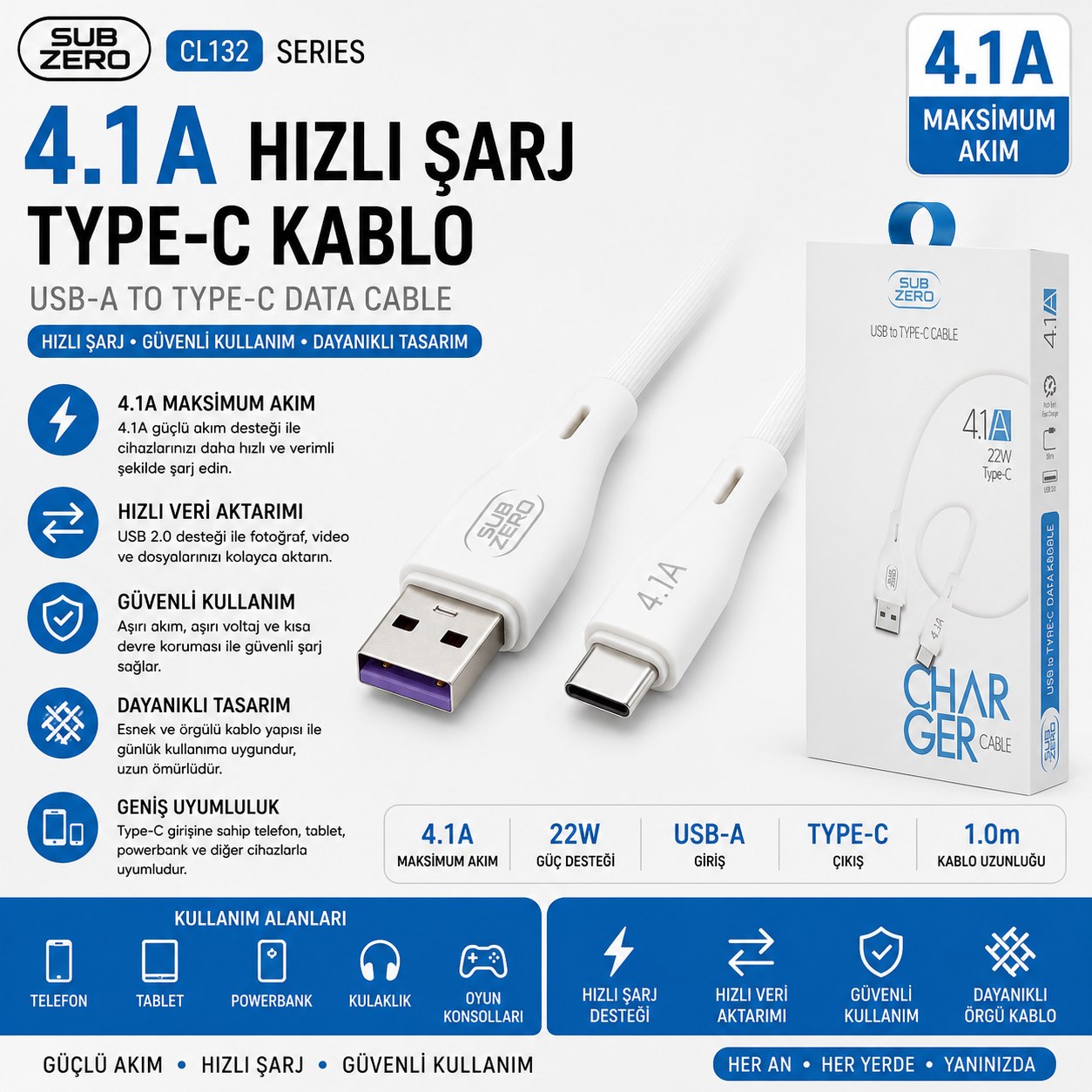 SUBZERO CL132 4,1A TYPE-C KABLO