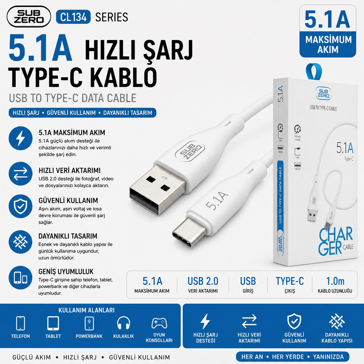 SUBZERO CL142 5,1A USB TYPE-C KABLO