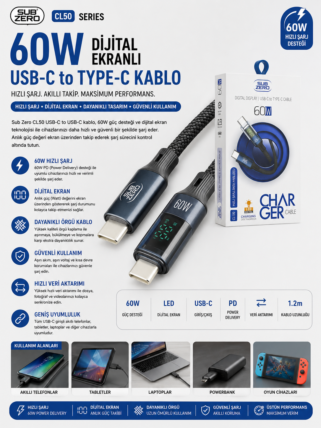 SUBZERO CL150 60W DİJİTAL TYPE-C KABLO