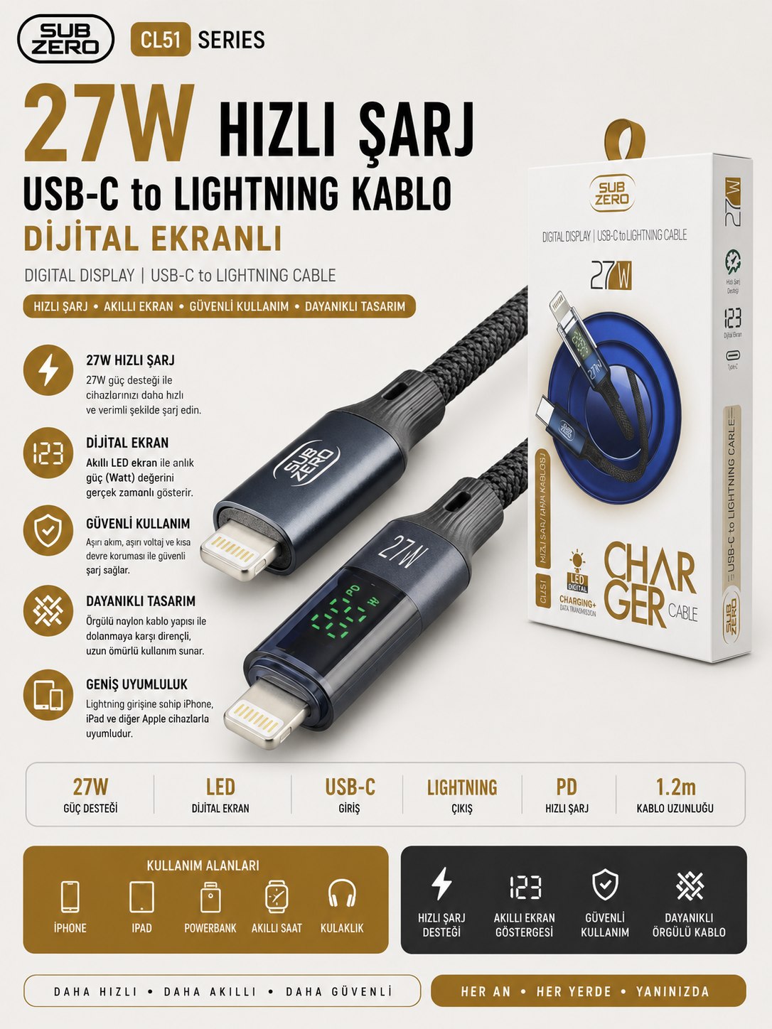 SUBZERO CL151 27W DİJİTAL LIGHTNING KABLO