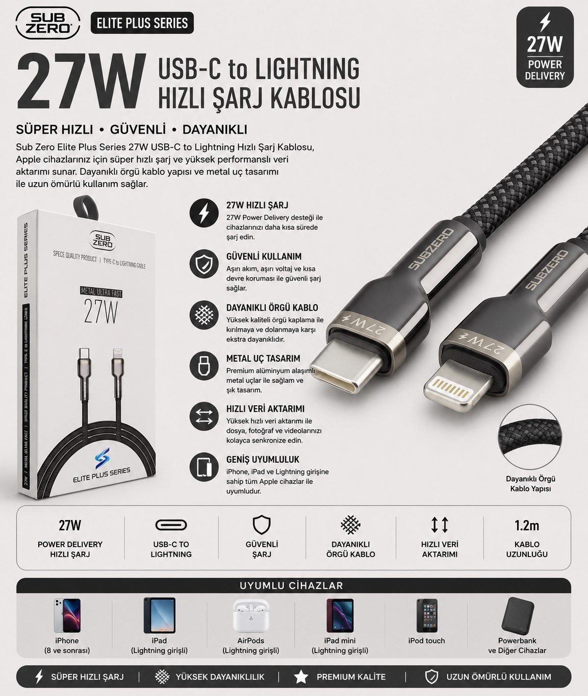 SUBZERO CL204 27W TYPE-C TO LIGHTNING KABLO