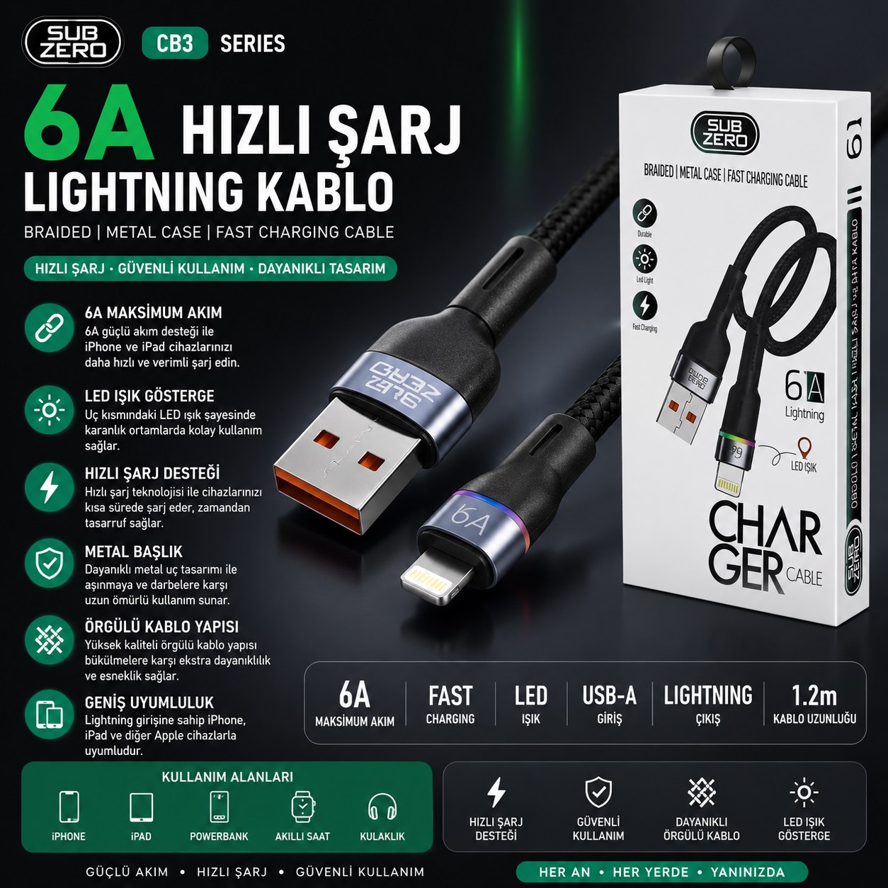 SUBZERO CL83 6A LIGHTNING IŞIKLI KABLO