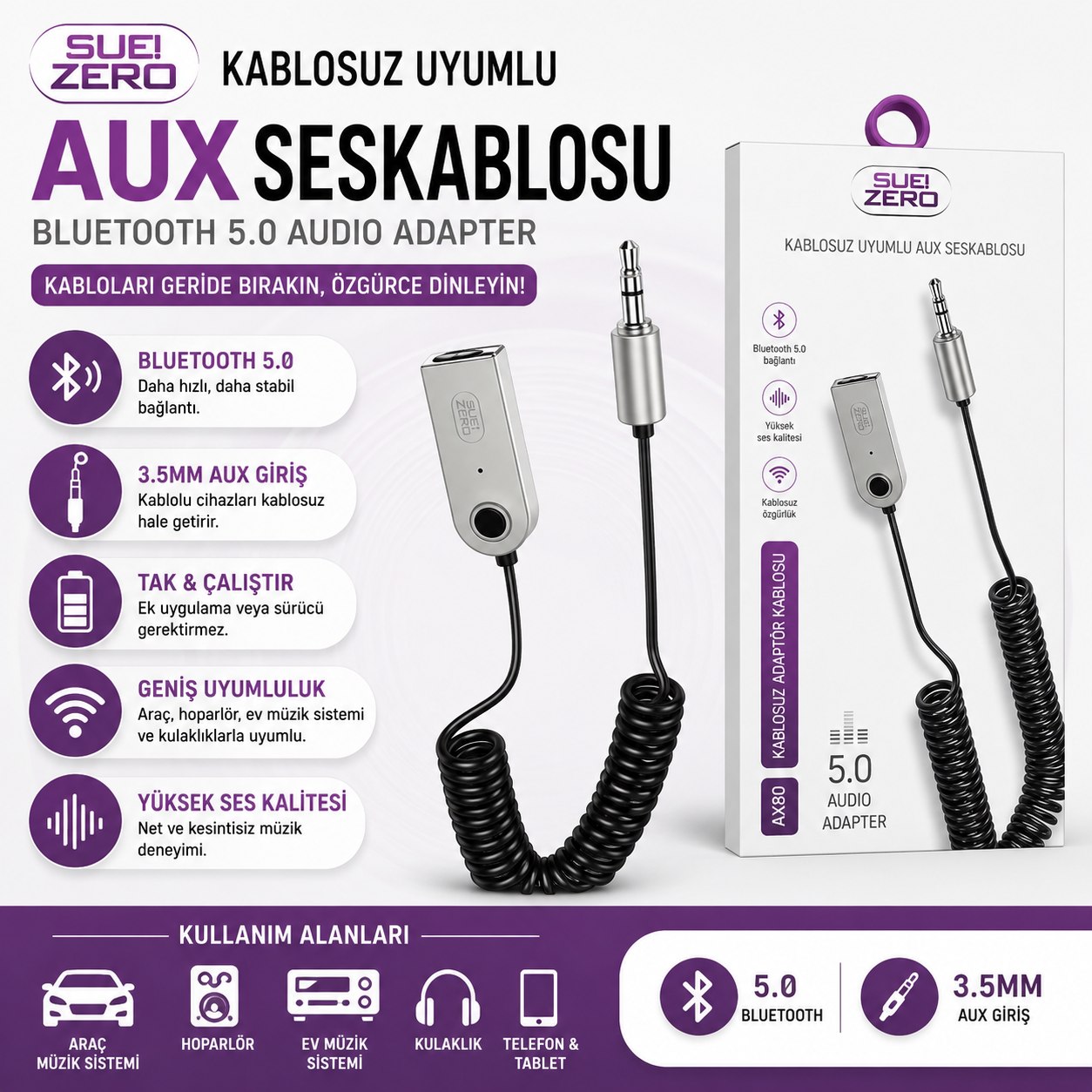 SUBZERO KABLOSUZ UYUMLU AUX SES KABLOSU AX80