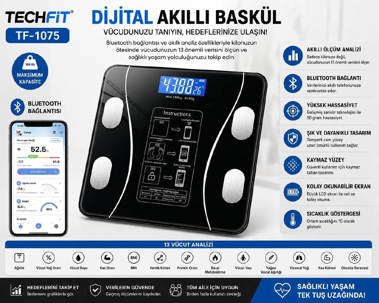 TECHFİT TF-1075 DİJİTAL BASKÜL TERAZİ TARTI