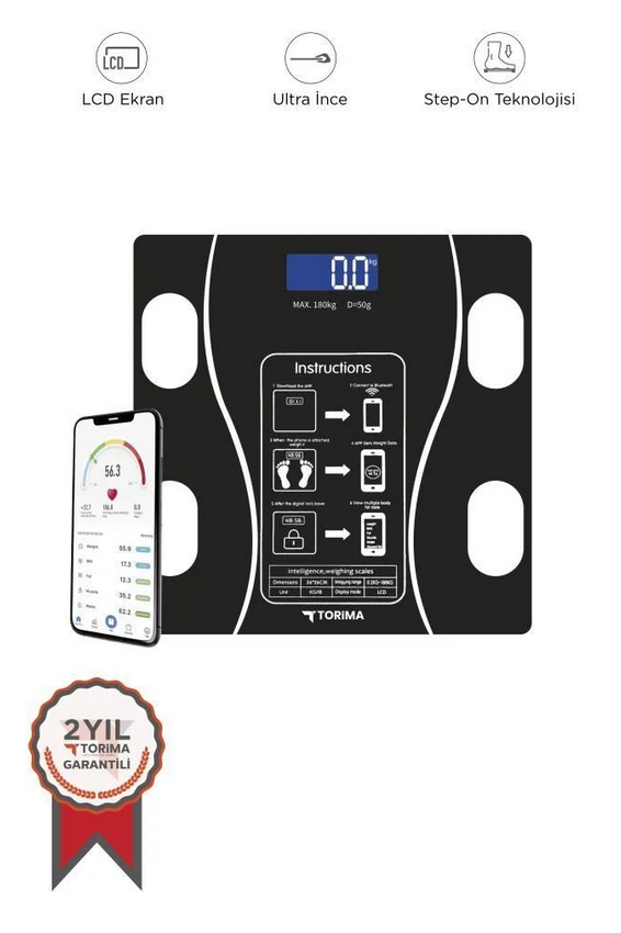 TORIMA XK-26C SİYAH DİJİTAL BASKÜL YAĞ KAS SU VÜCUT KİTLE İNDEKSİ KİLO ÖLÇER BLUETOOTH TARTI