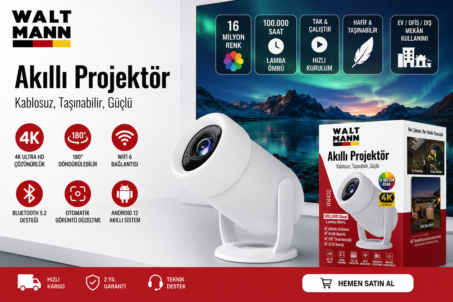 WALTMANN WM400 AKILLI PROJEKTÖR 4K ULTRA HD