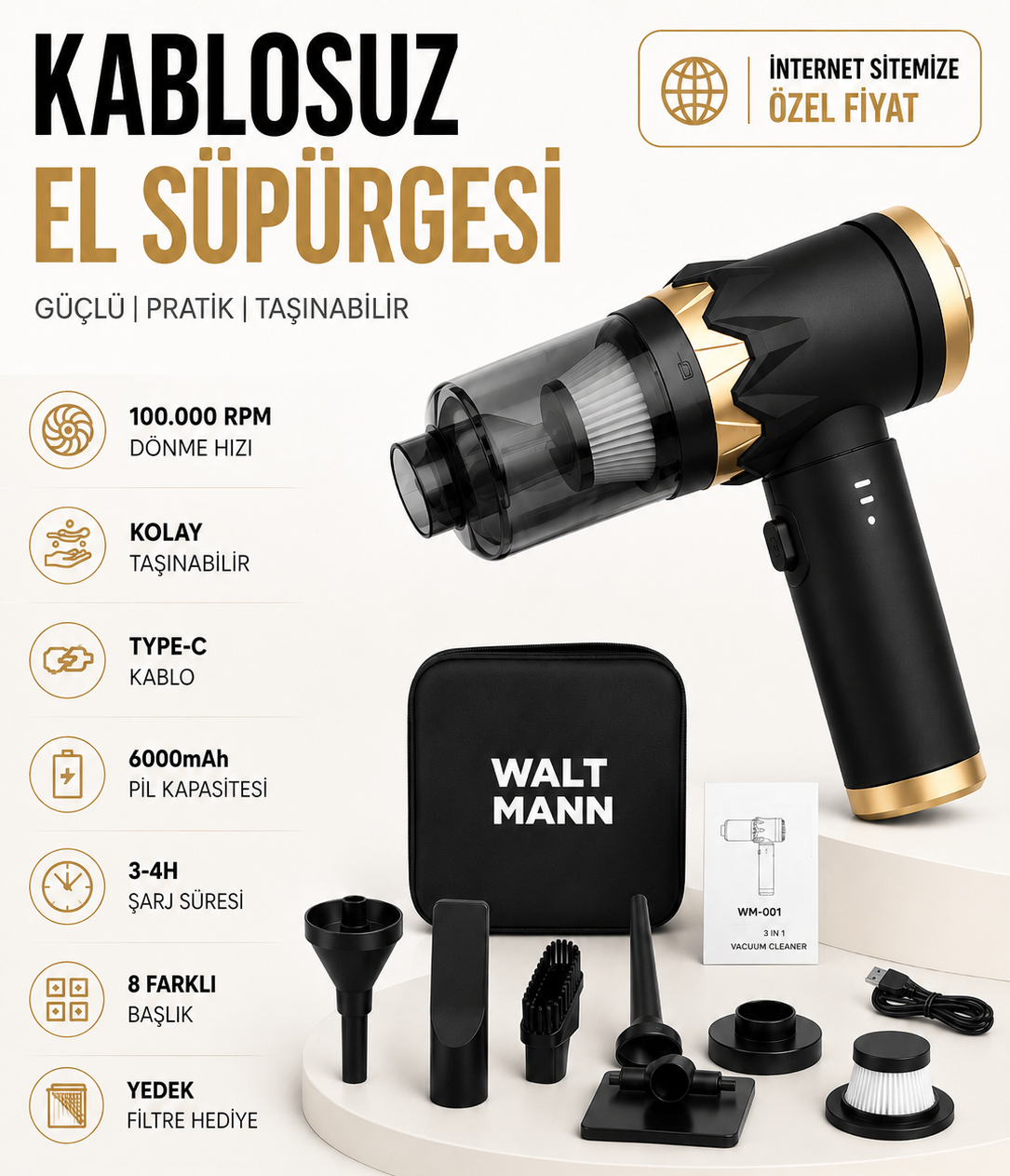 WALTMANN WM-001 ARAÇ SÜPÜRGESİ 20000PA ÇANTA VE KUTULU